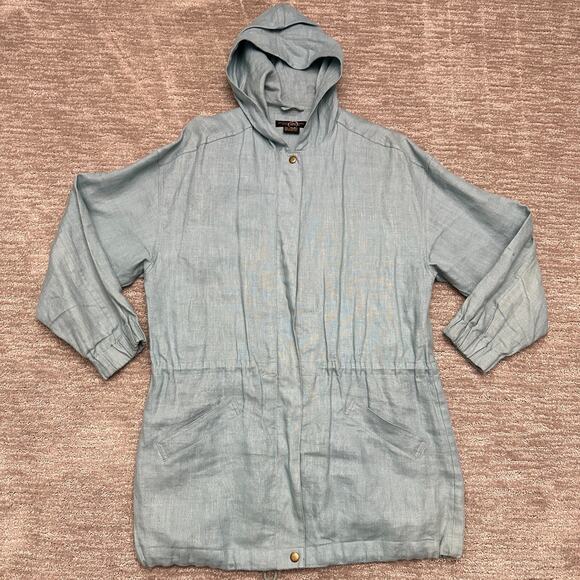VTG Brooks Brothers Jacket Womens S Light Blue Drawstring Pockets Hooded Linen - Picture 1 of 16
